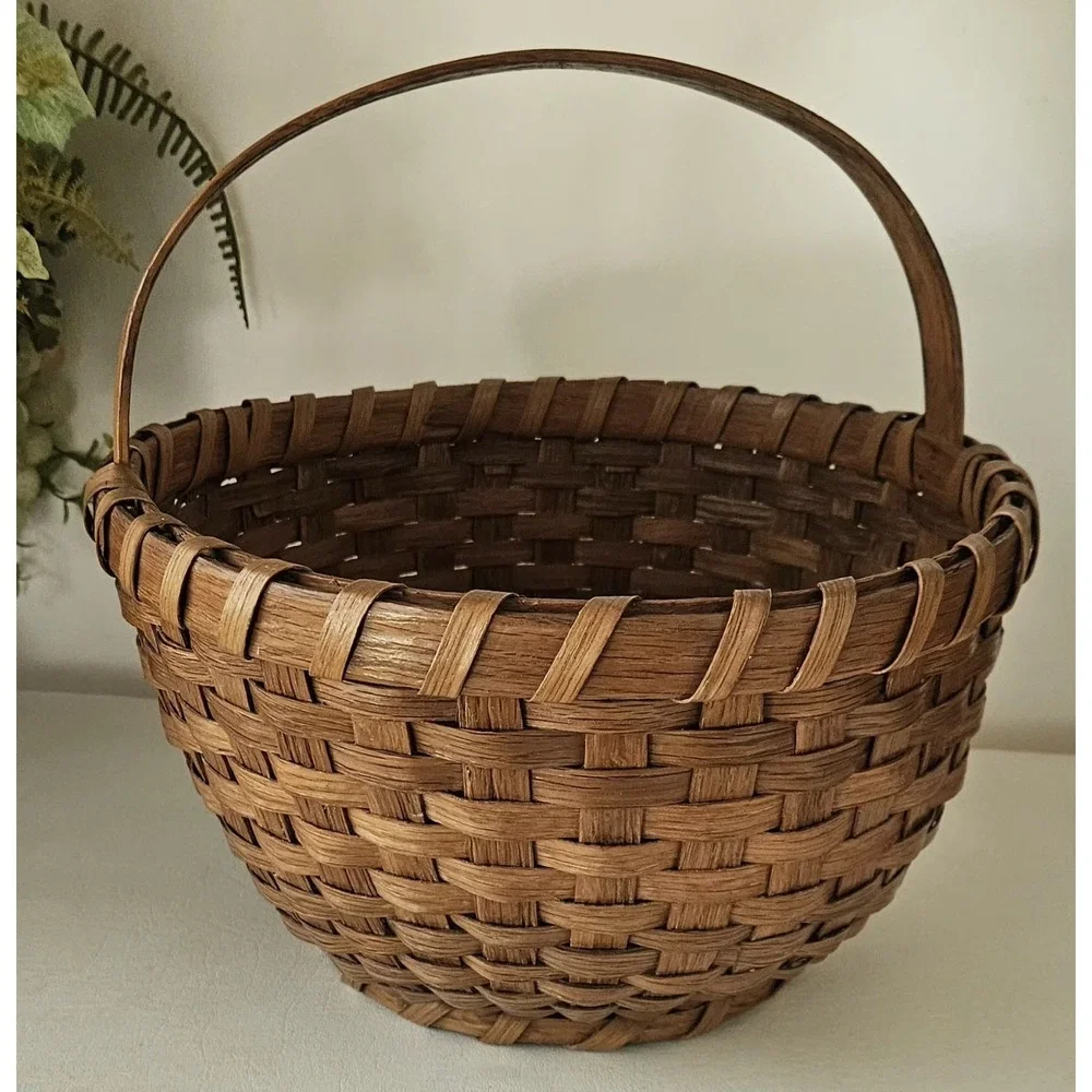 Early American Gathering Basket Bentwood Handle Primitive Antique